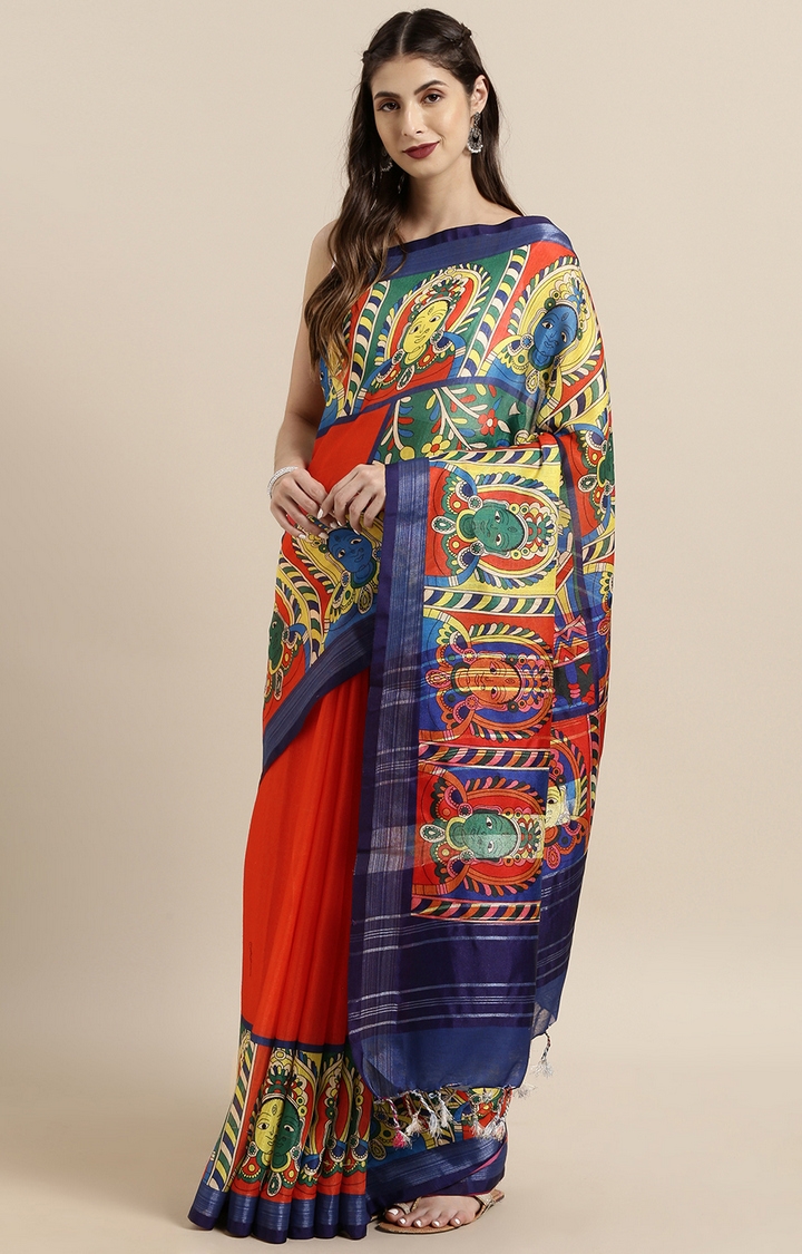 Vastranand | VASTRANAND  Red & Navy Blue Linen Blend kalamkari Printed Saree