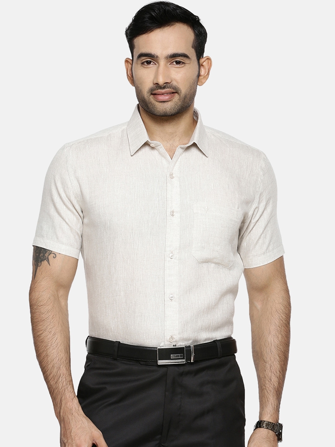 Ramraj | RAMRAJ COTTON Men Grey Original Slim Fit Solid Linen Formal Shirt