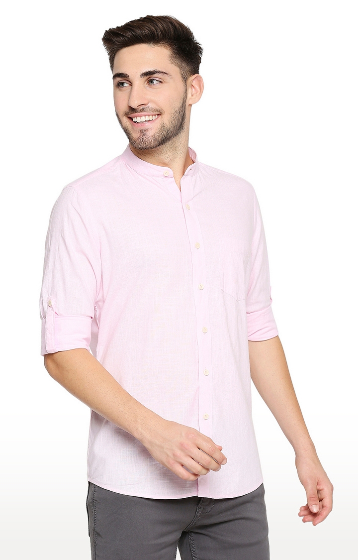 EVOQ Full Sleeves Linen Pink Solid Casual Shirt for Men