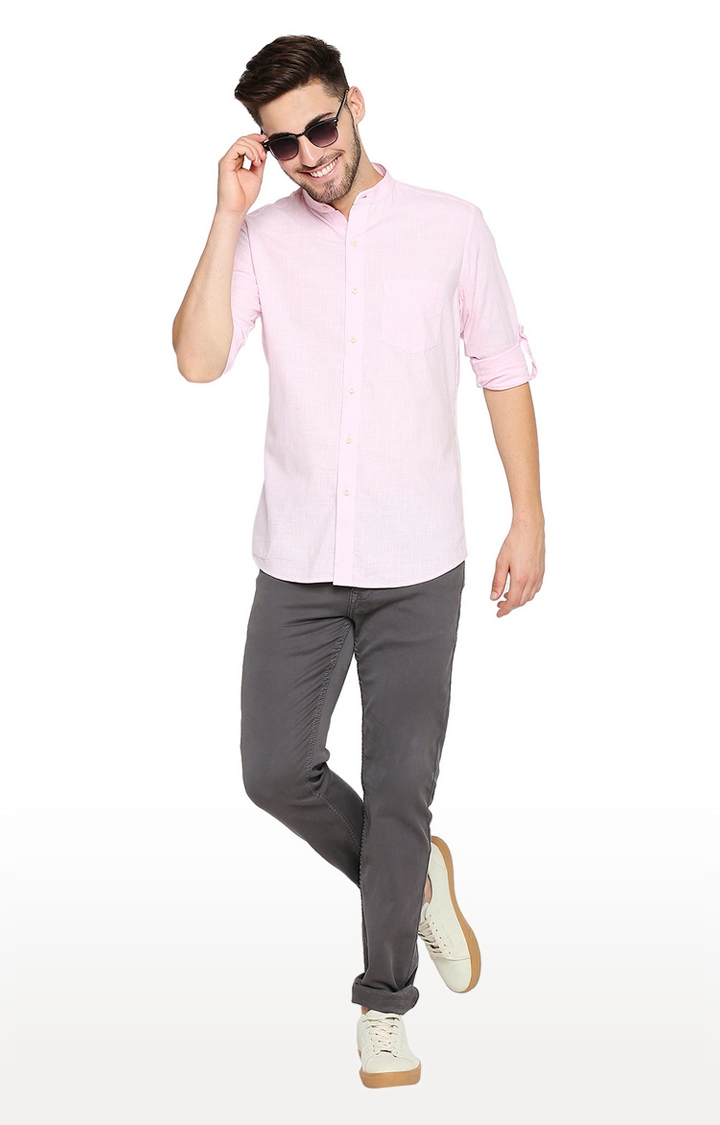 EVOQ Full Sleeves Linen Pink Solid Casual Shirt for Men