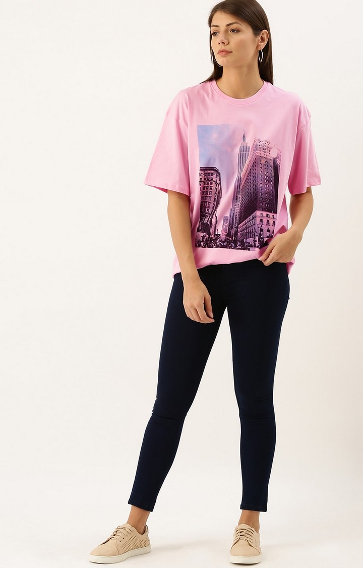 Dillinger | Dillinger Women Pink Oversized Printed T-Shirt