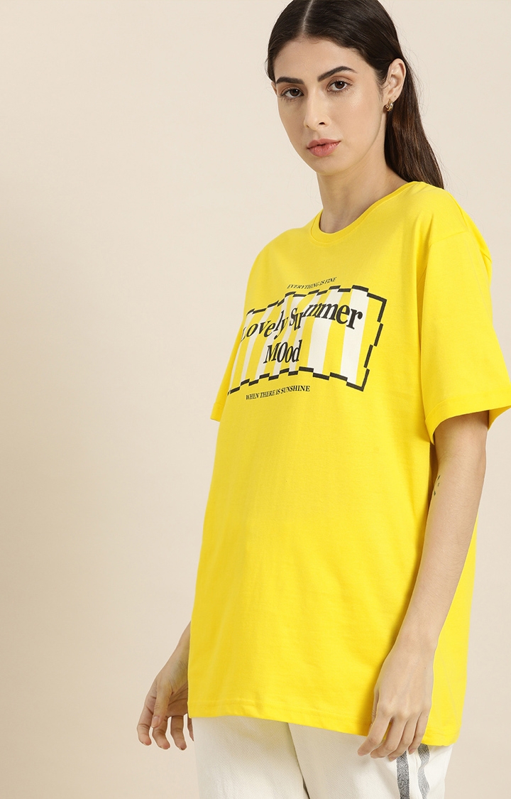 Dillinger | Dillinger Women Yellow Typographic Printed T-Shirt