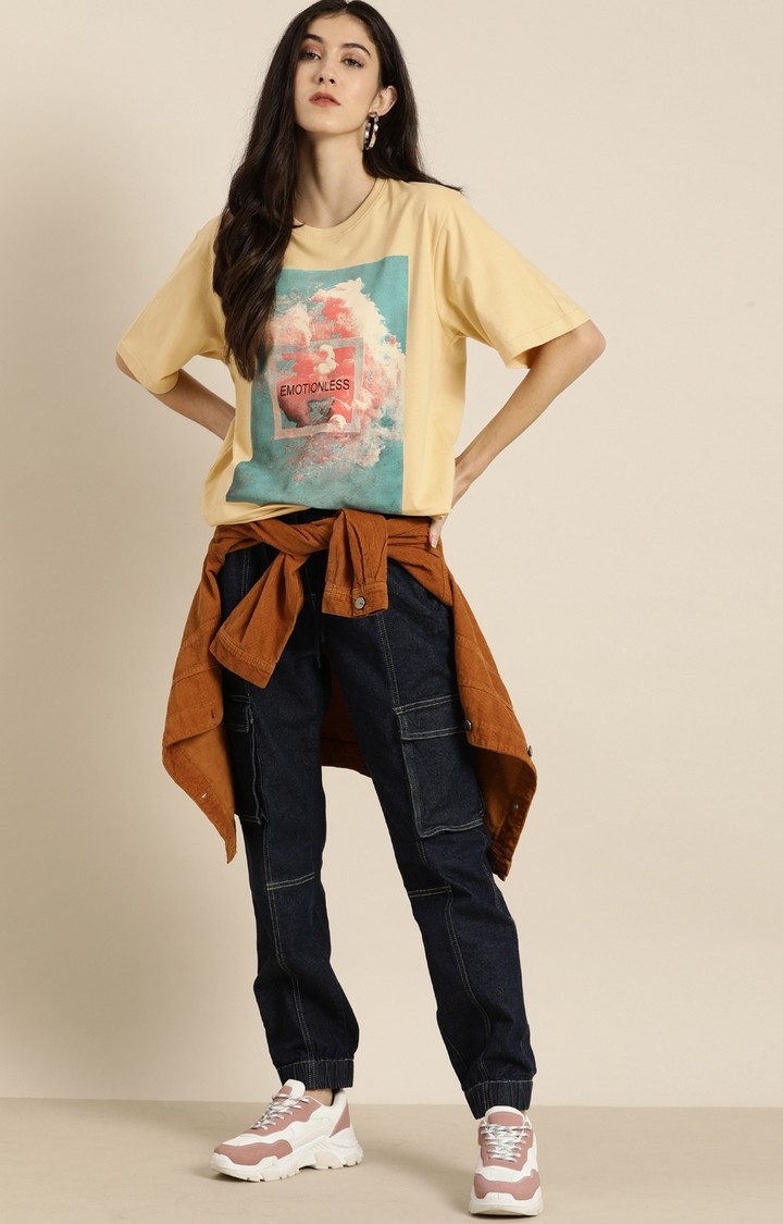 Women's Beige Cotton Printed T-Shirts