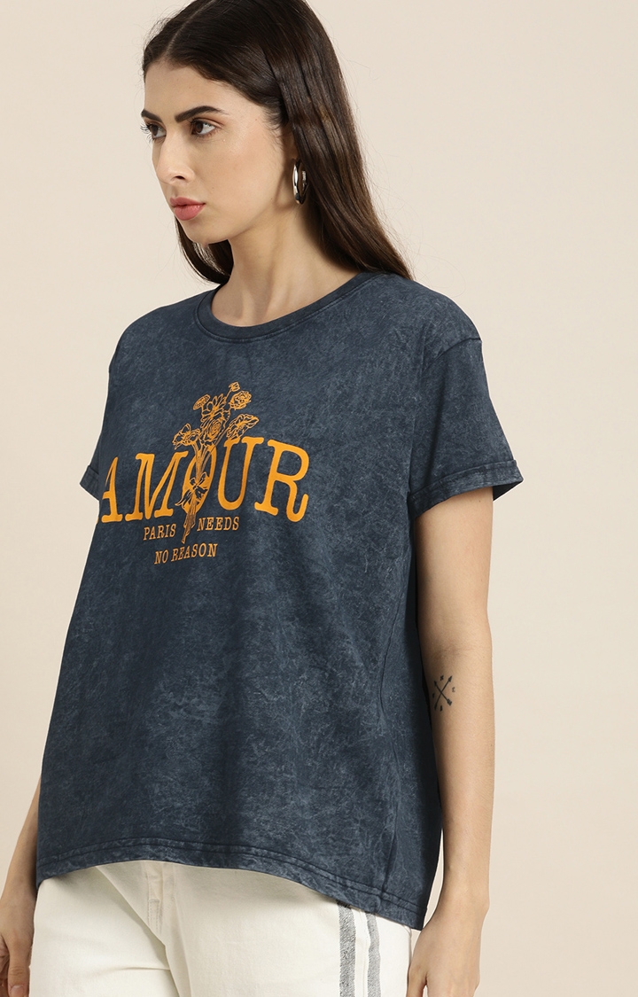 Dillinger | Dillinger Women Blue Typography Printed T-Shirt