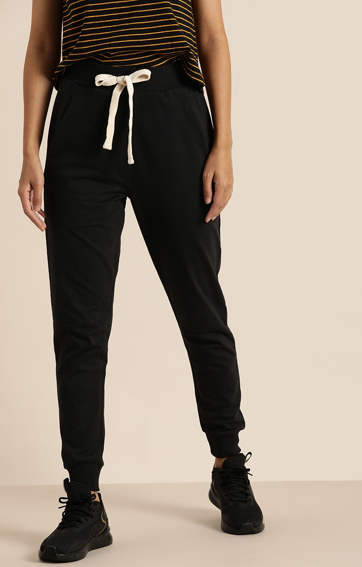 Women's Black Cotton Solid Casual Joggers