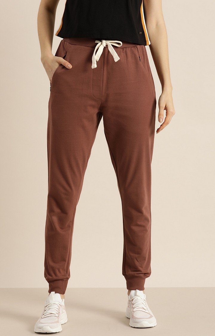 Women's Brown Cotton Solid Casual Joggers