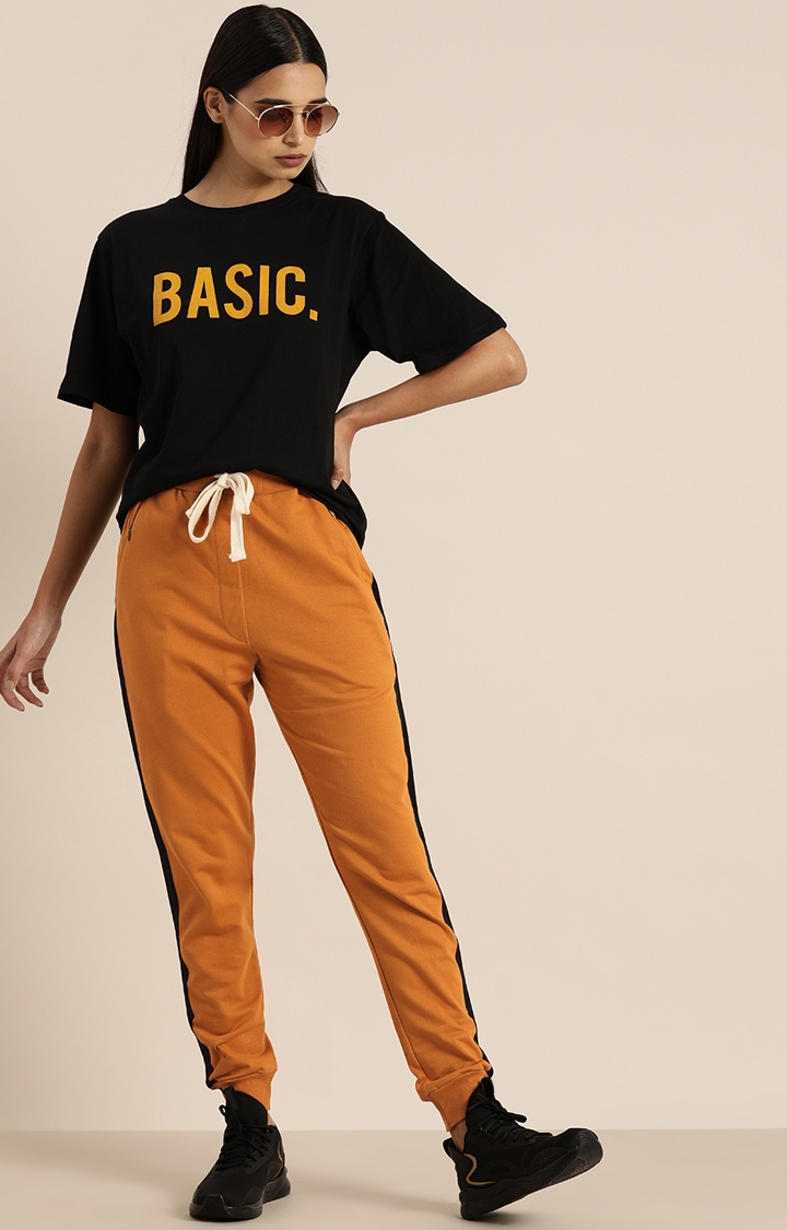 Women's Orange Cotton Solid Casual Joggers