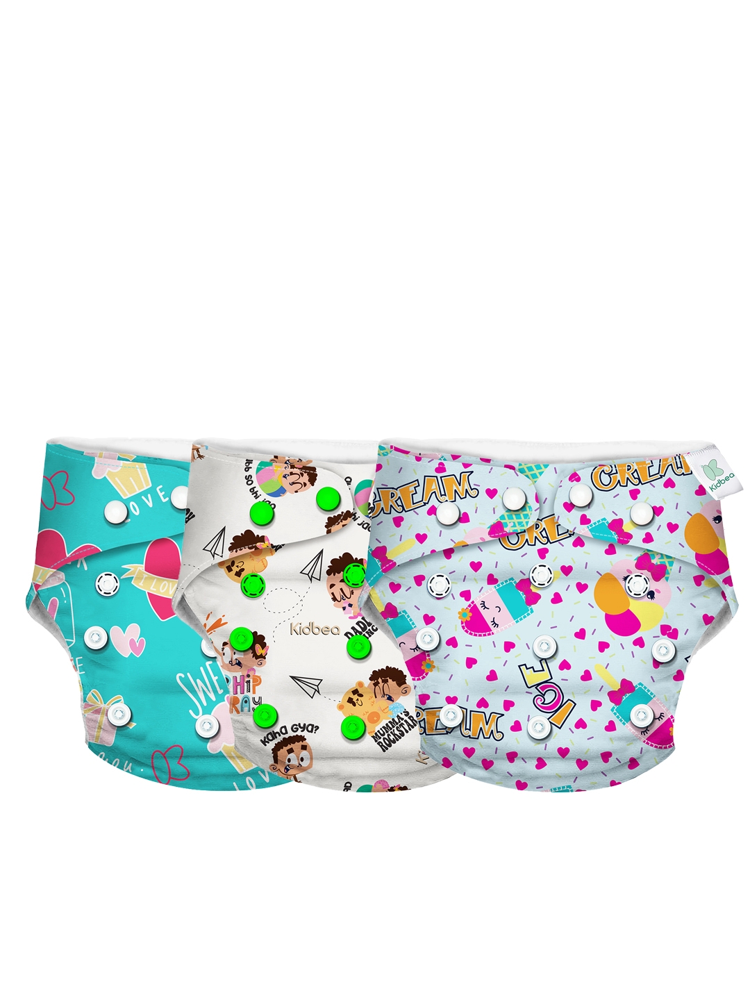 Kidbea | Kidbea Baby  All in One Washable Reusable Adjustable Cloth 3 Diapers with 3 Inserts -Assorted