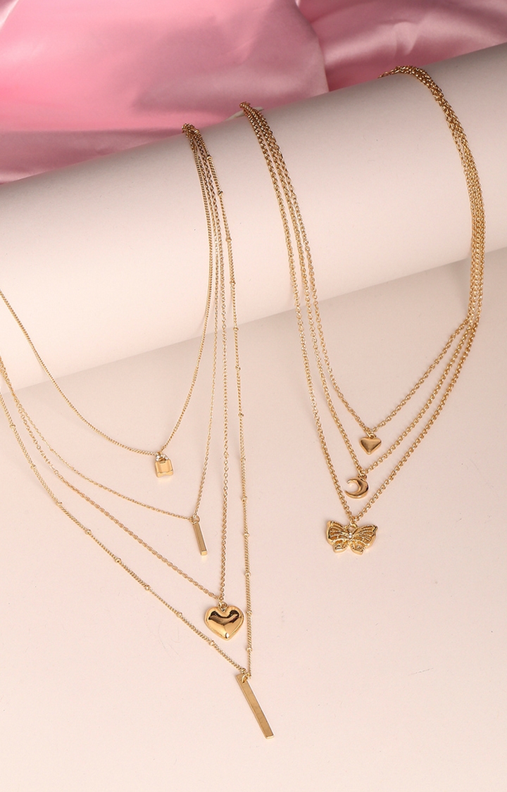 Lilly & sparkle | Lilly & Sparkle Gold Toned Plated Contemporary Necklace With Heart, Butterfly, Lock And Bar Charms Set Of 2