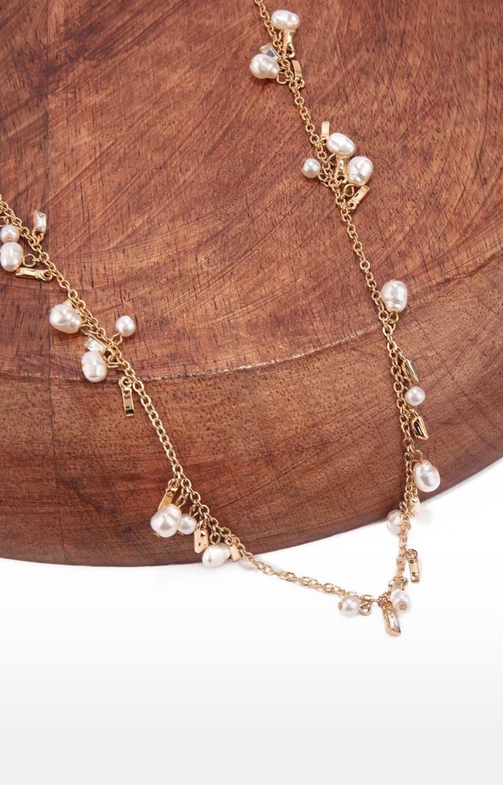 Lilly & Sparkle Alloy Gold Toned Pearl Beaded and Diamond Studded Long Necklace for Women