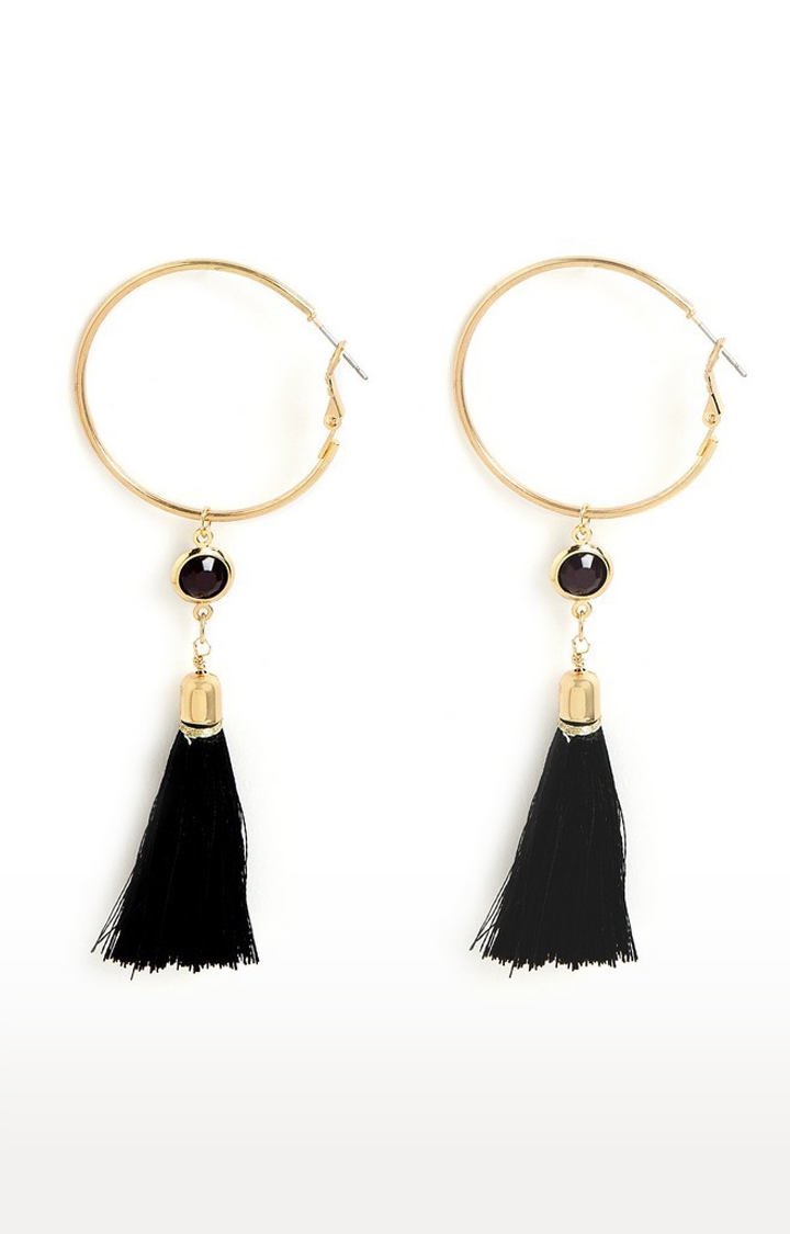 Lilly & sparkle | Lilly & Sparkle Gold Toned Black Tassel Hoop Earrings With Black Stone