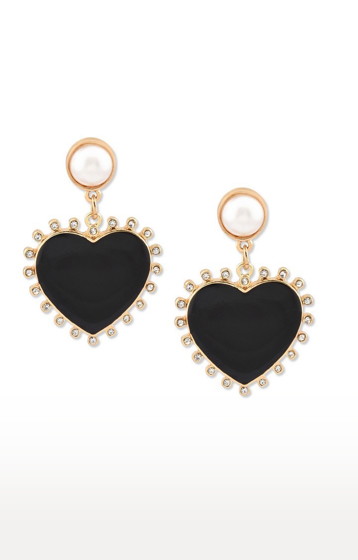 Lilly & Sparkle Gold Toned Crystal Studded Statement Earrings With Black Enameled Heart