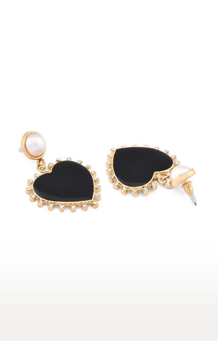 Lilly & Sparkle Gold Toned Crystal Studded Statement Earrings With Black Enameled Heart
