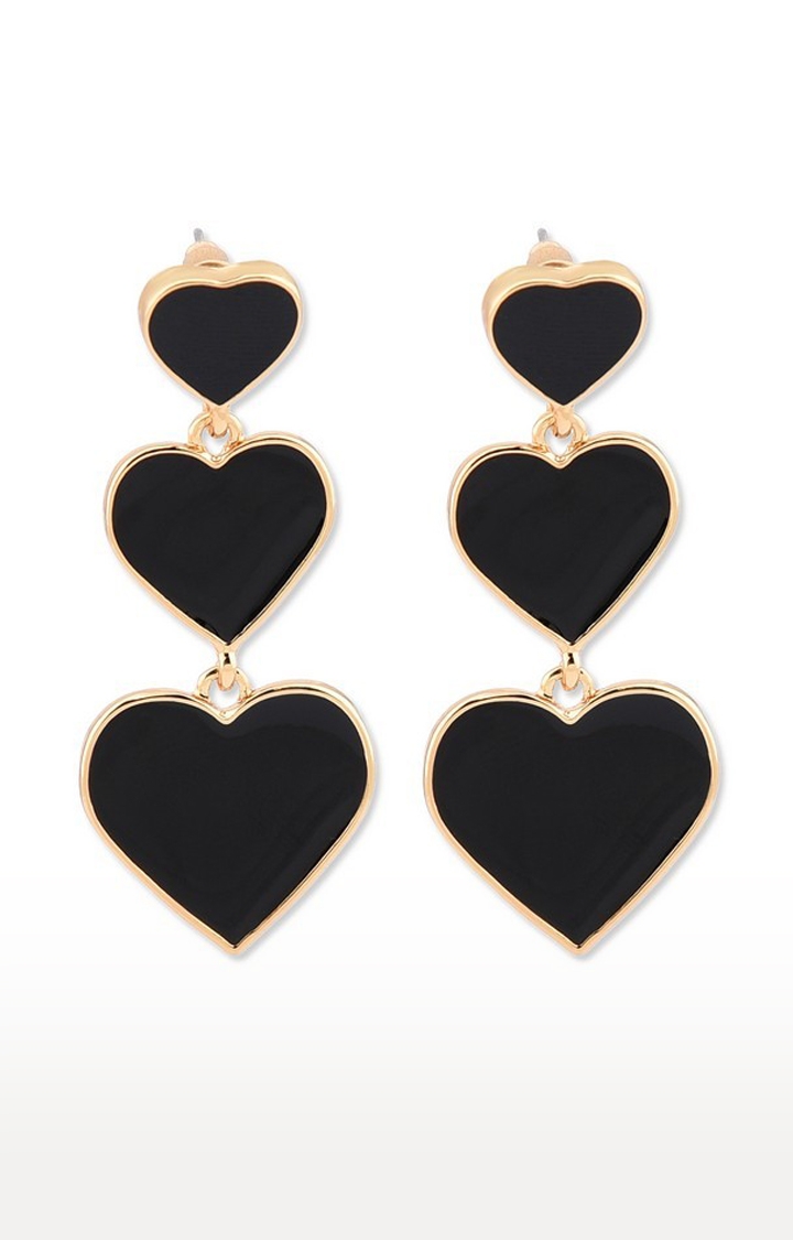 Lilly & Sparkle Gold Toned Black Enameled Triple Heart Dangler Earrings