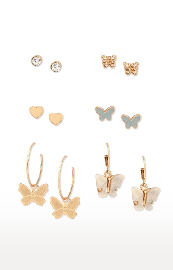 Lilly & Sparkle Gold Toned 4 Studs And 2 Hoops Butterfly Theme Pack Set Of 6