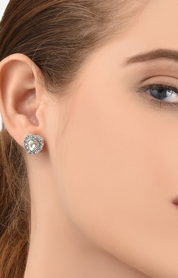 Lilly & sparkle | Lilly & Sparkle Silver Toned Crystal Studded Heart Shaped Stud Earrings