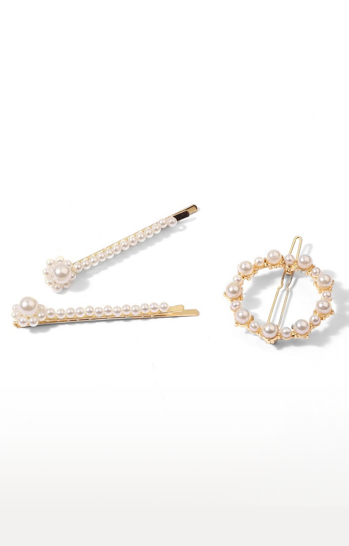 Lilly & Sparkle Women Gold-Toned  White Pearl Beaded Bobby Pins Set Of 3 | Hair Pins For Women