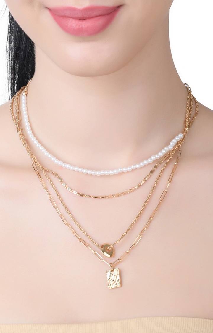 Lilly & sparkle | Lilly & Sparkle Gold Toned Four Layered Pearl Neckalce With Hammered Geometric Charm