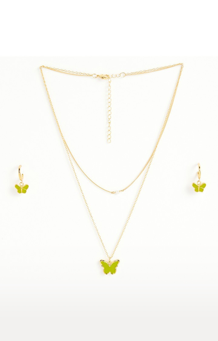 Lilly & sparkle | Lilly & Sparkle Gold Toned Two Layered Necklace With Enameled Butterfly Pendant And Earrings