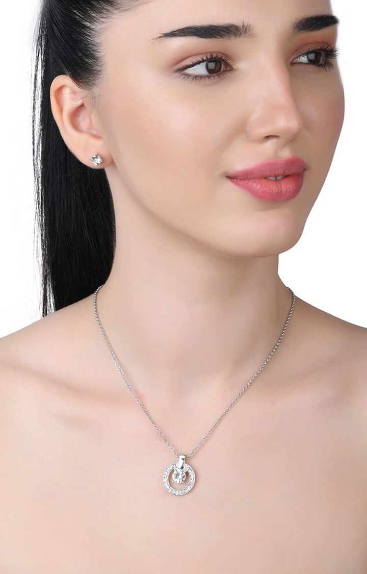 Lilly & sparkle | Lilly & Sparkle Silver Toned Chain With Crystal Studed Hollow Circular Pendant And Stud Earrings