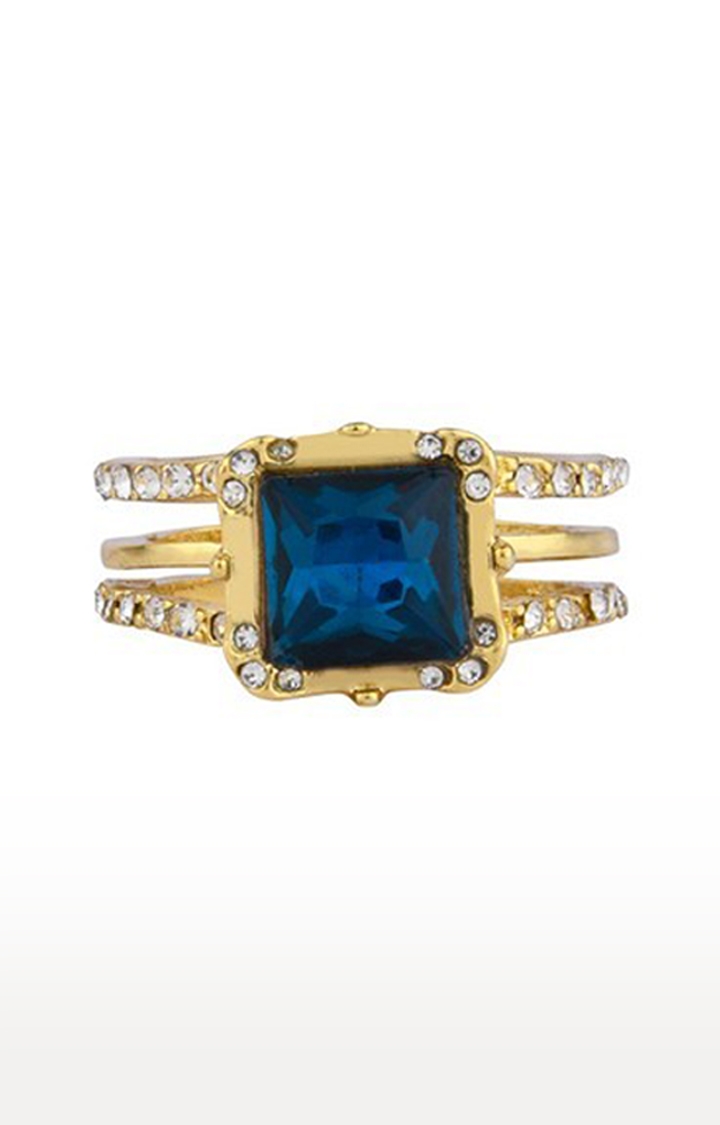 Lilly & sparkle | Lilly & Sparkle Gold toned blue geometirc stone studded cocktail Ring 
