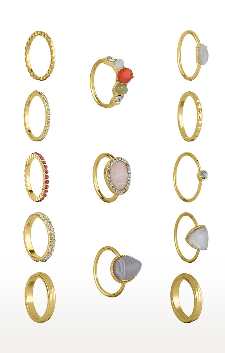 Lilly & sparkle | Lilly & Sparkle Gold Toned Multi Stone Studded Ring Pack Set Of 13