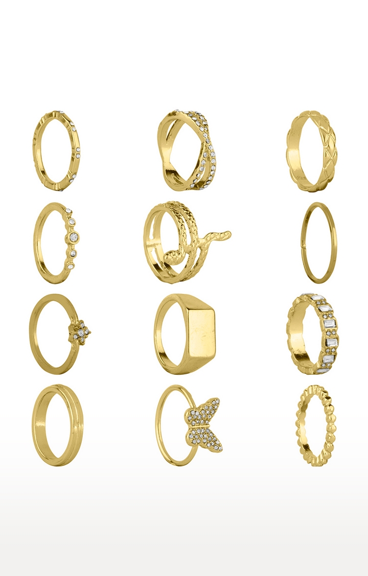 Lilly & sparkle | Lilly & Sparkle Gold Toned Crystal Studded Celestial Ring Pack Set Of 12
