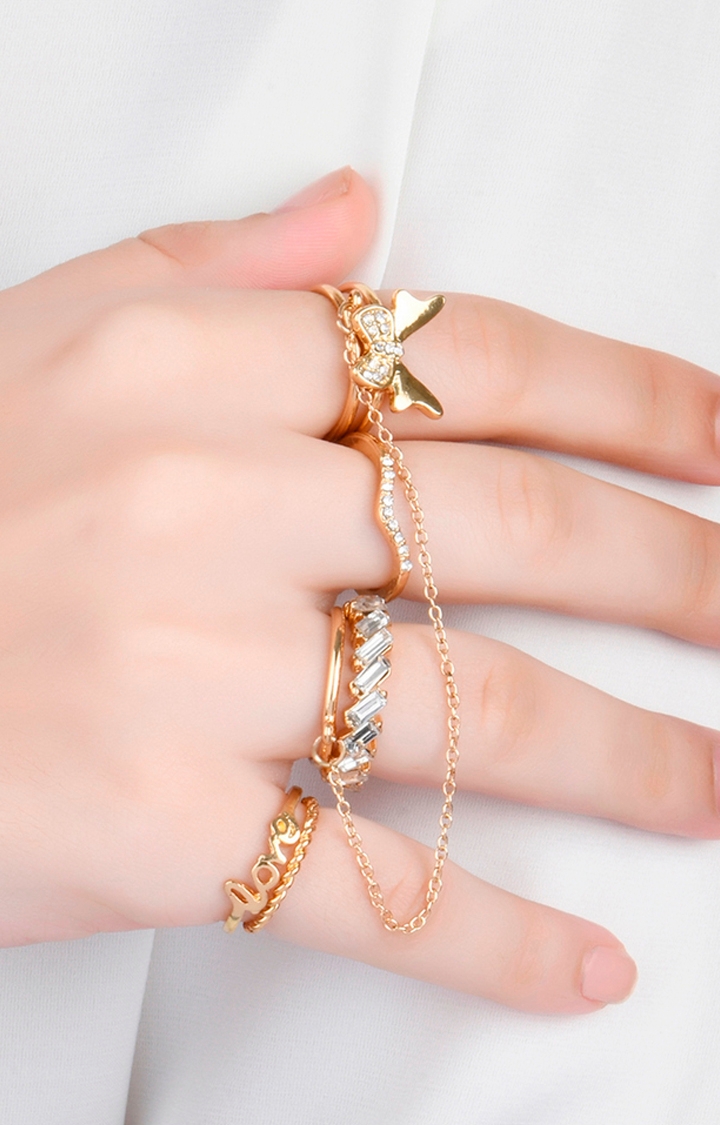 Lilly & sparkle | Lilly & Sparkle Gold Toned Cystal Studded And Chain Ring Pack Set Of 11