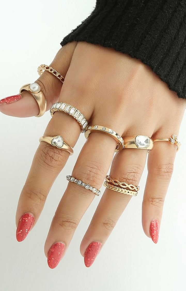 Lilly & sparkle | Lilly & Sparkle Gold Toned Rings With Crystal Stones Set Of 10