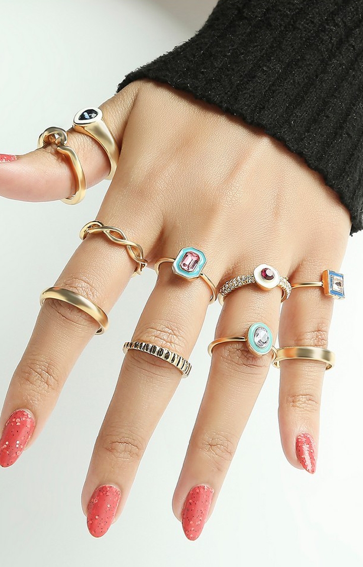 Lilly & sparkle | Lilly & Sparkle Gold Toned Contemporary Geometric Enameled Rings With Coloured Stones Set Of 10