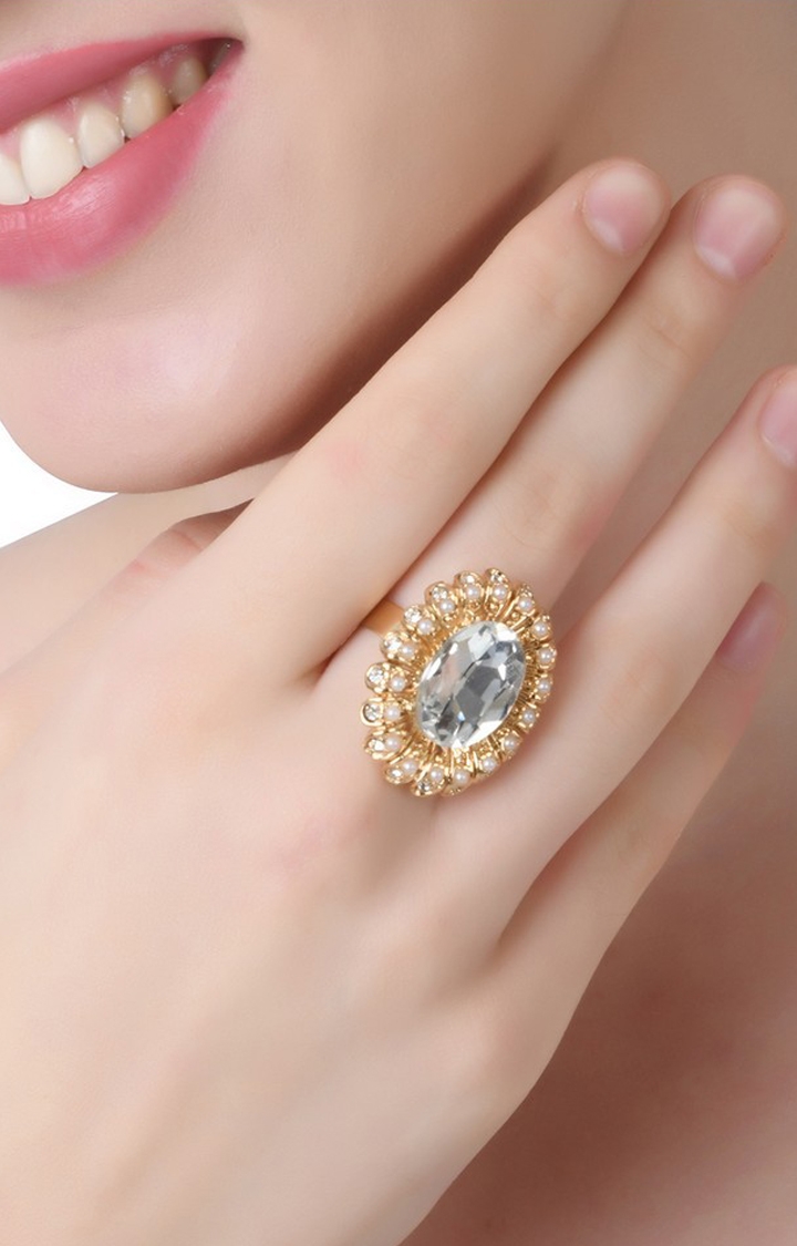 Lilly & sparkle | Lilly & Sparkle Gold toned pearl and crystal studded oval cocktail ring