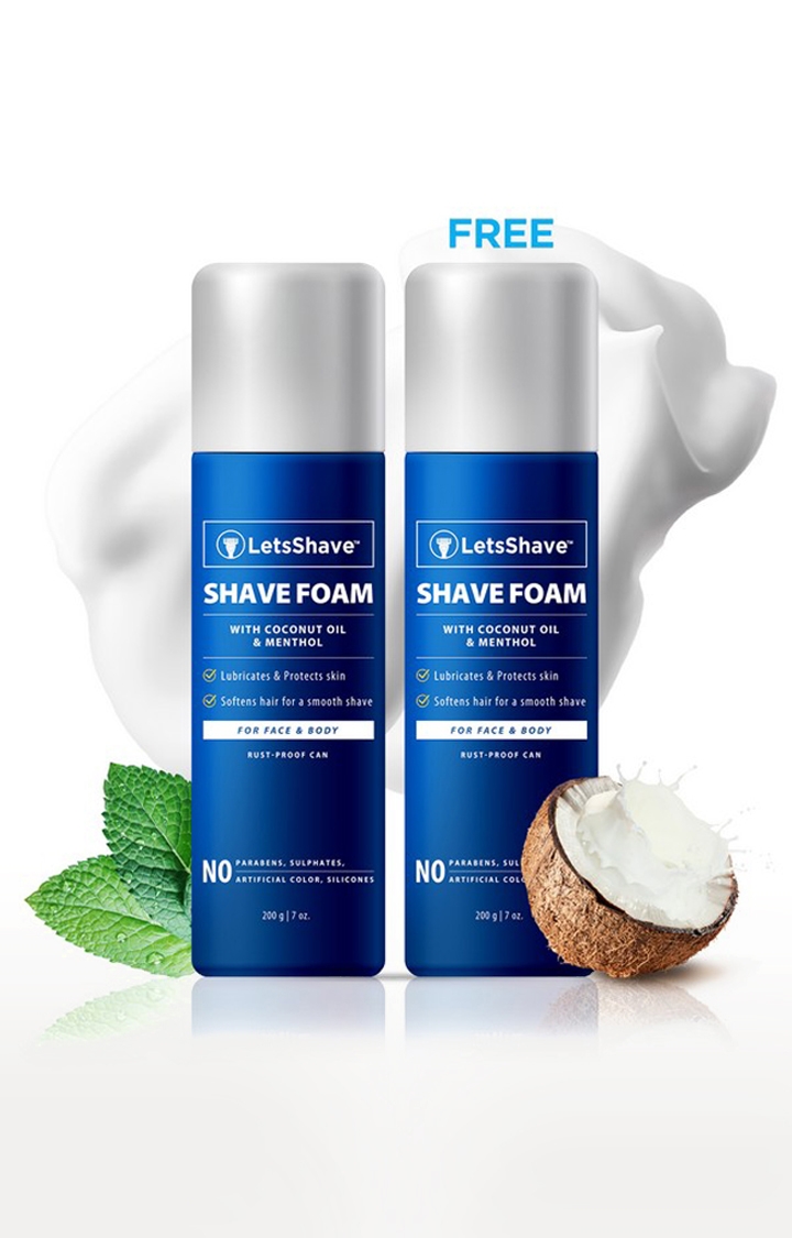 LetsShave Shave Foam - Coconut Oil Enriched - Rust Proof Aluminium Bottle - Paraben and Sulphate Free - 200 g (1 + 1 FREE)
