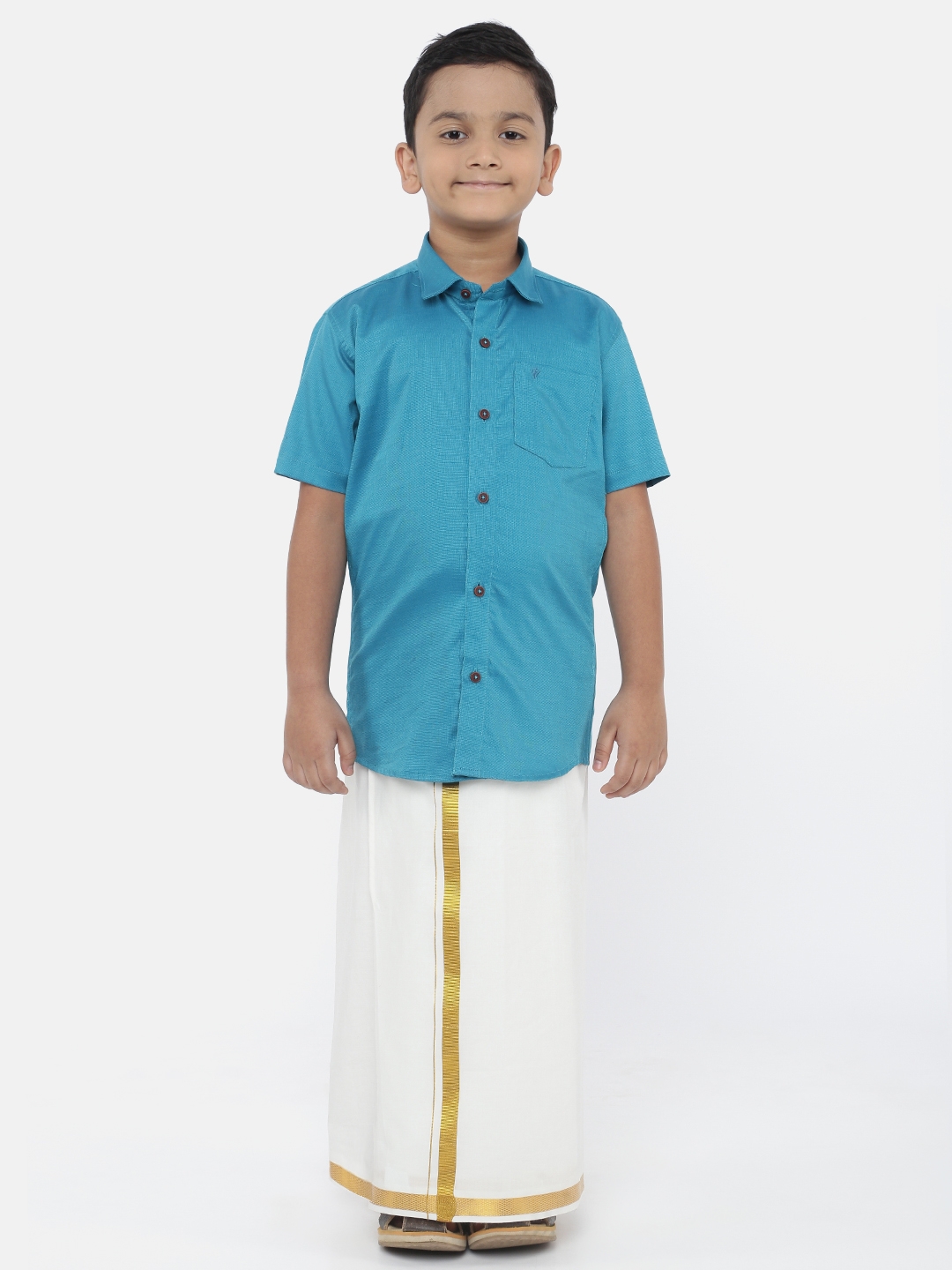 Ramraj | Ramraj Boys Blue Solid Shirt with White Dhoti