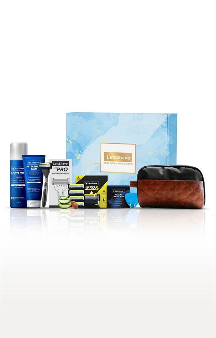 LetsShave | LetsShave Pro 6 Advance Premium Gift Set - Pack of 4 Pro 6 Advance Blades + Razor Handle + Shave Foam - 200g + After Shave Balm + Travel Cap + Travel Bag