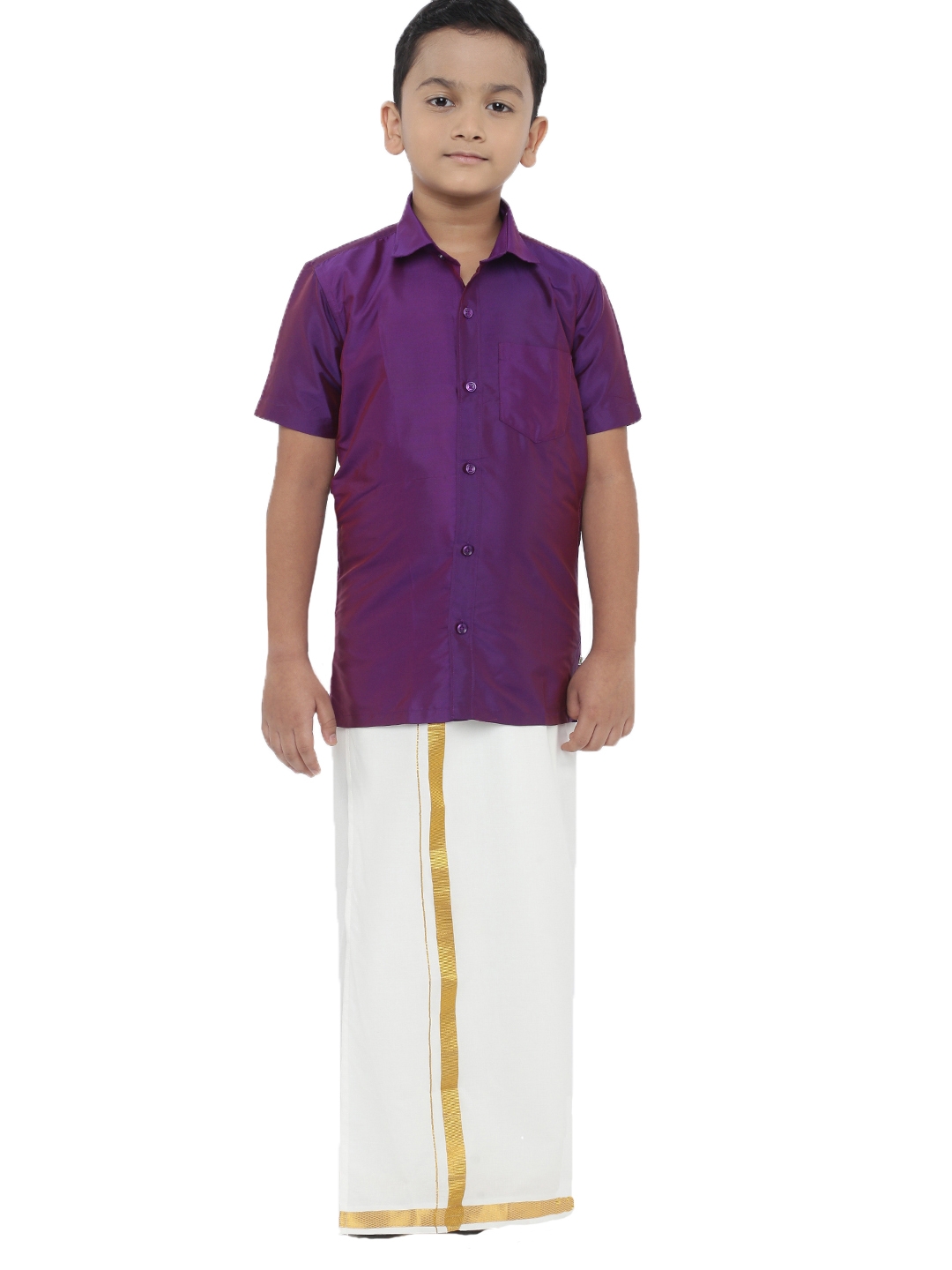 Ramraj Boys Violet Solid Shirt with White Dhoti