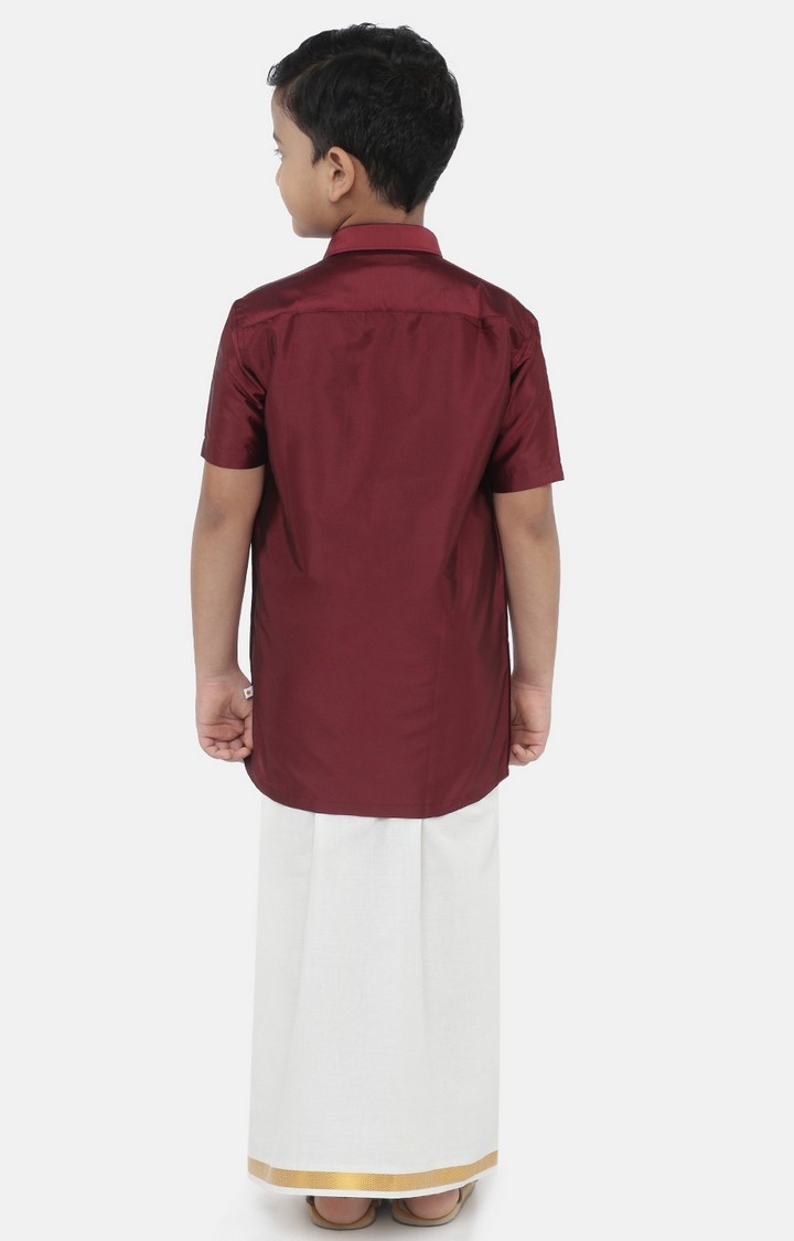 Ramraj Boys Maroon Solid Shirt with White Dhoti