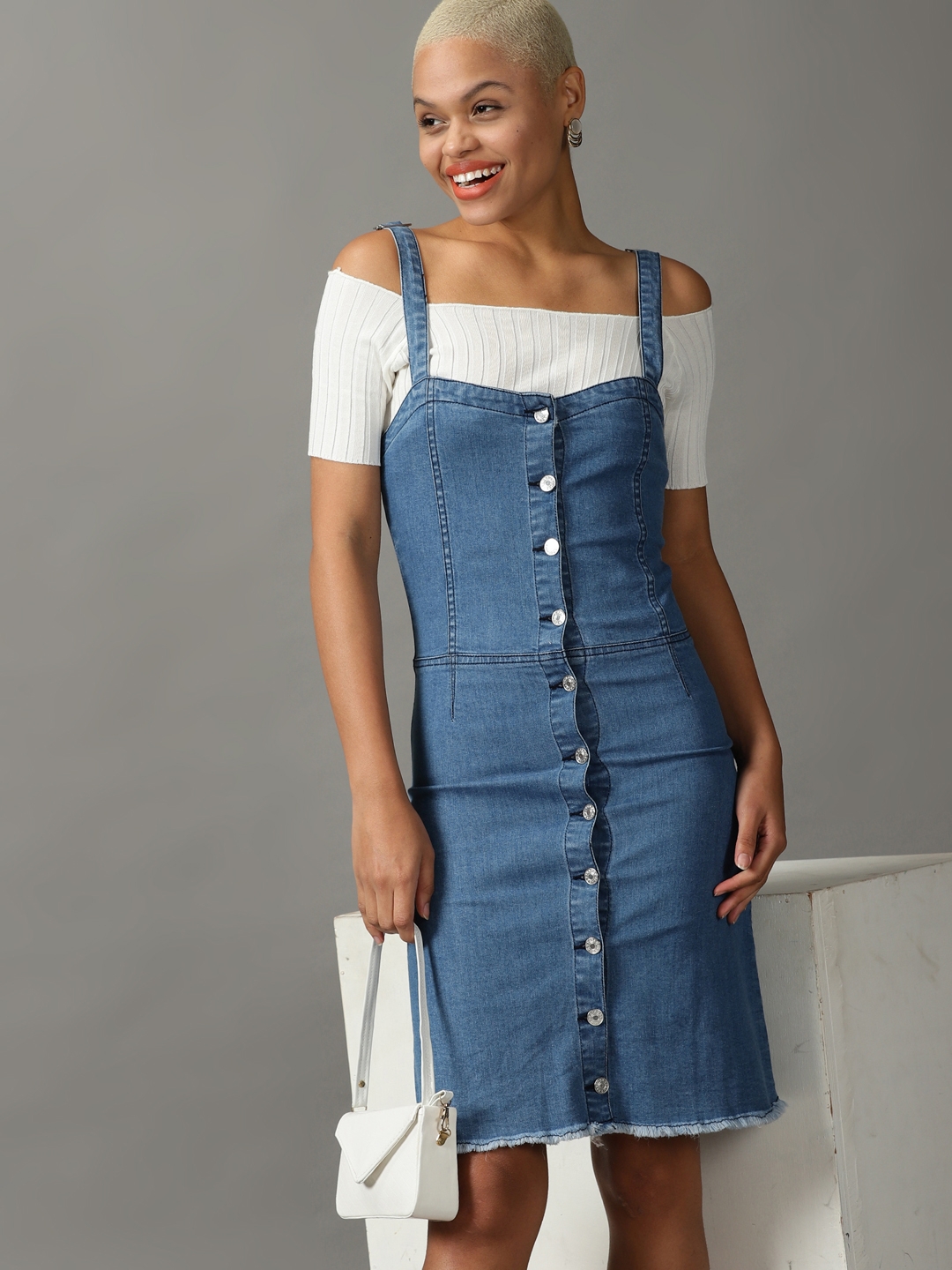 Women's Blue Cotton Solid Dungarees