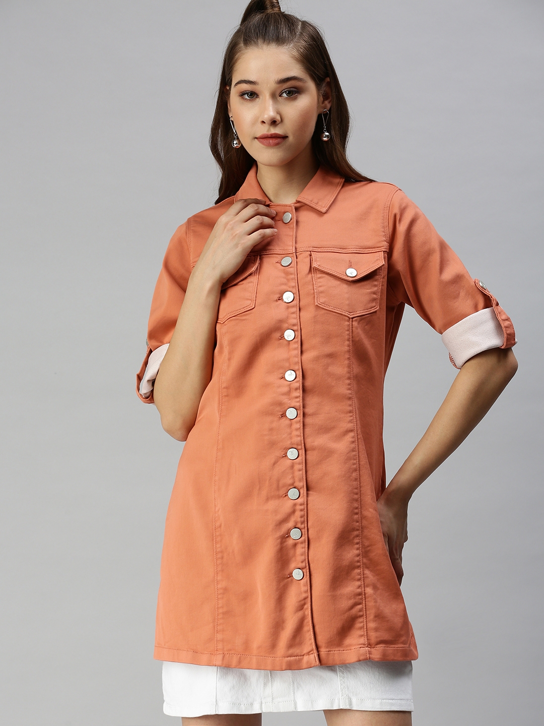 Women's Orange Denim Solid Denim Jackets