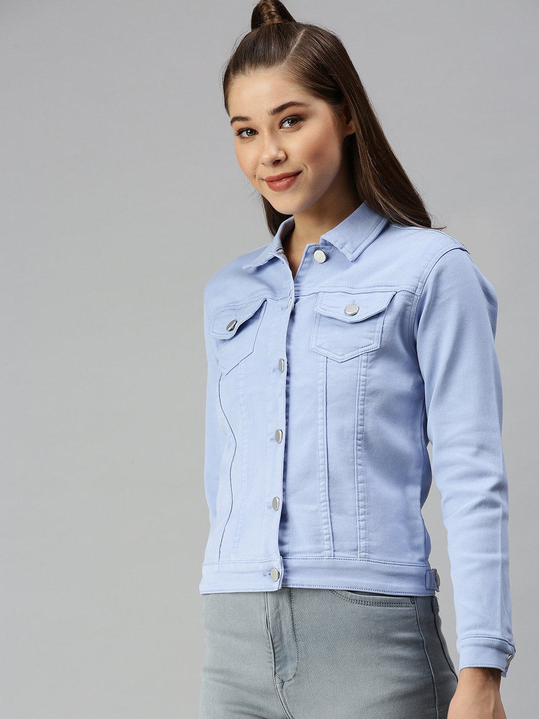 Women's Blue Denim Solid Denim Jackets