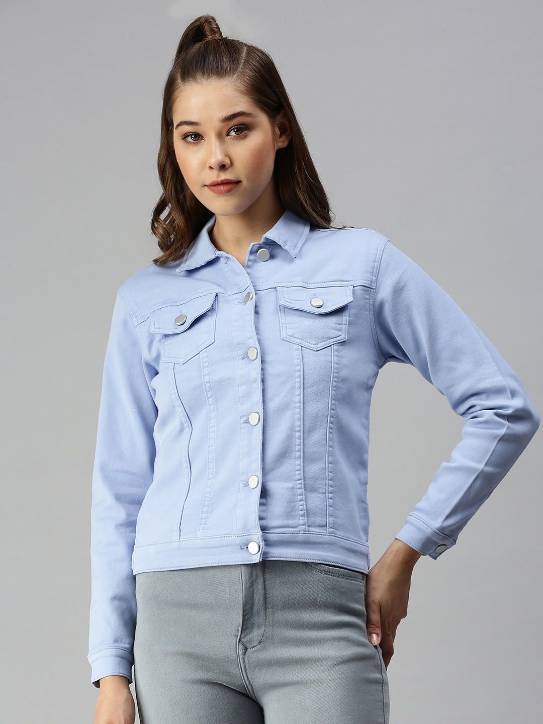 Showoff | SHOWOFF Women's Spread Collar Long Sleeves Blue Solid Jacket