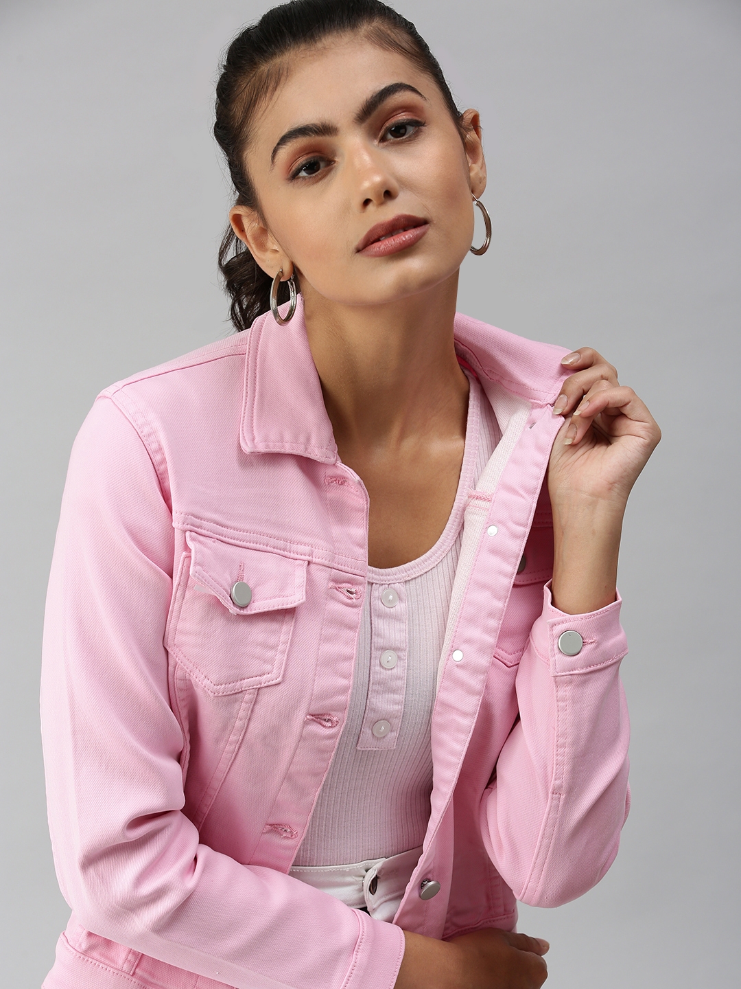 Women's Pink Denim Solid Denim Jackets