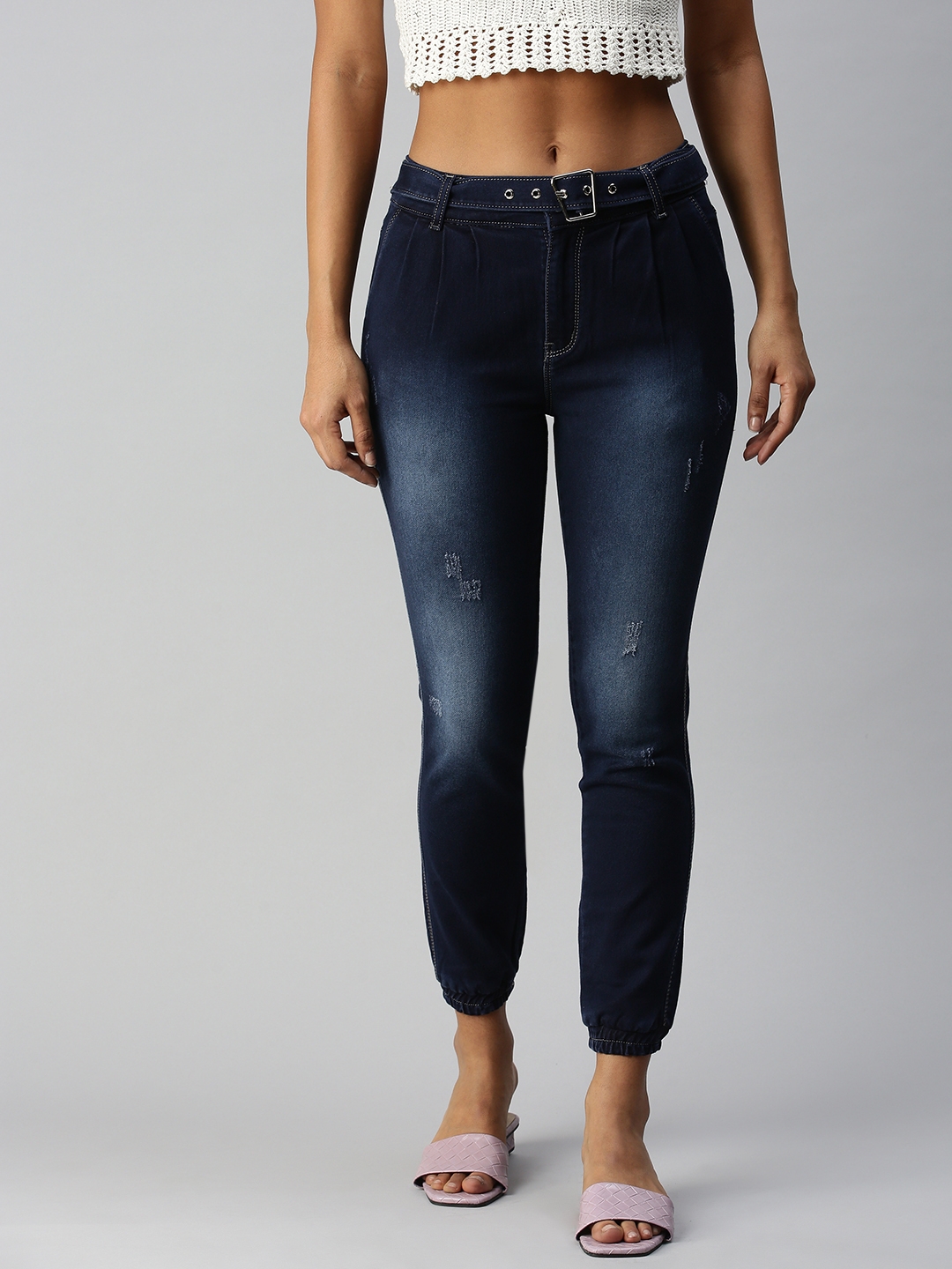 Showoff Women's Jogger Low Distress Navy Blue Jeans