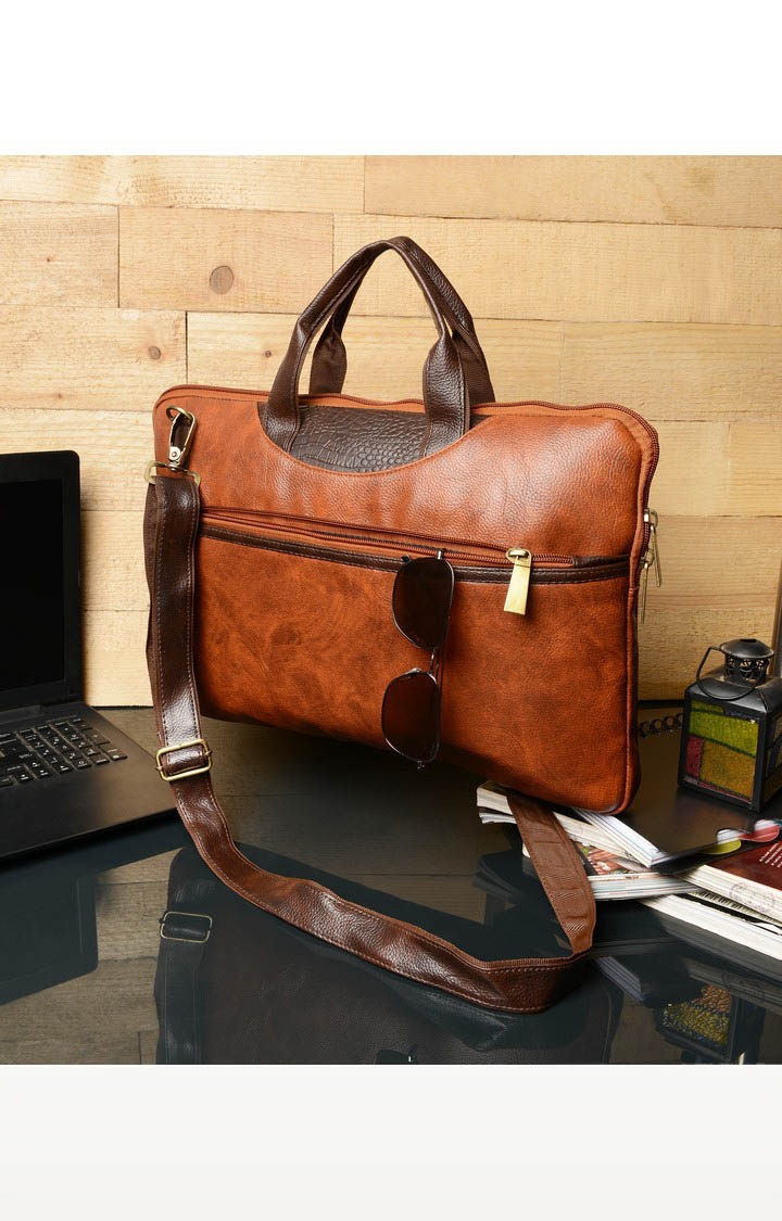 Vivinkaa Contrast Tan Faux Textured Leather 15.6 Inch Padded Laptop Messenger Bag 