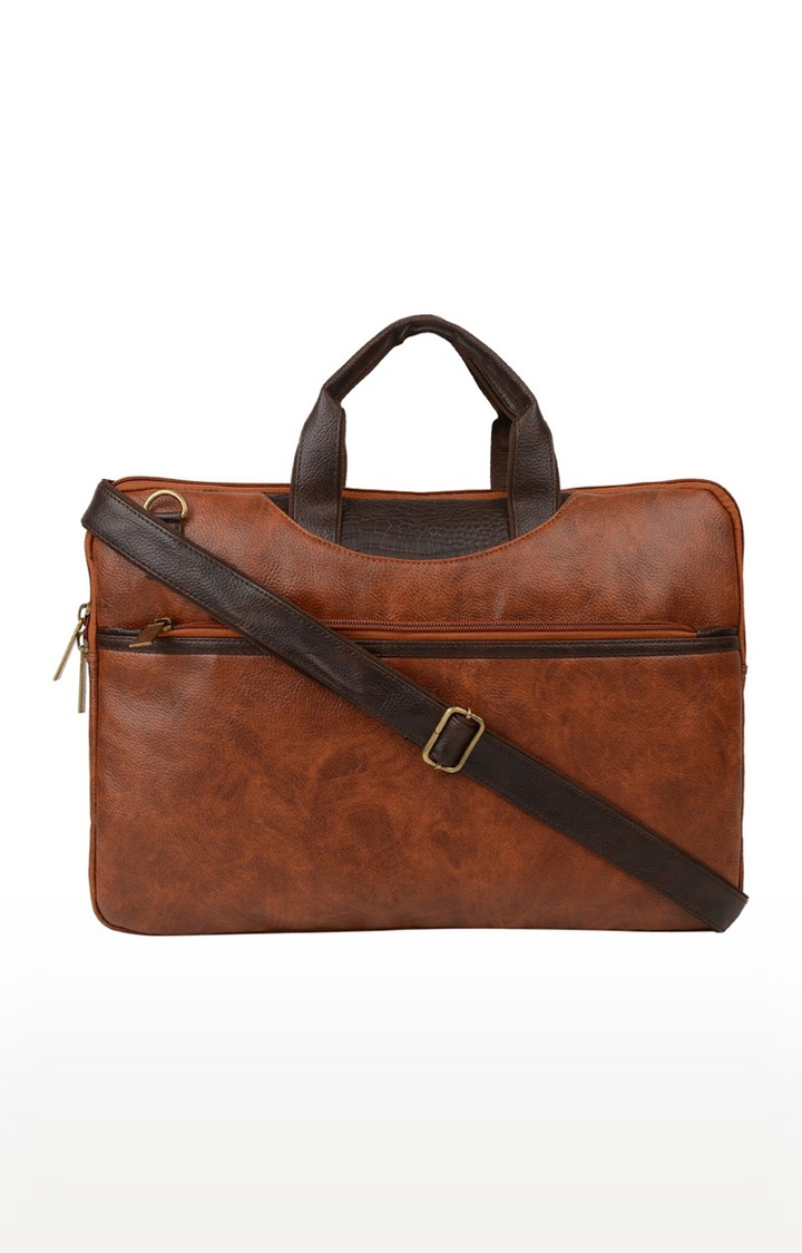 Vivinkaa | Vivinkaa Contrast Tan Faux Textured Leather 15.6 Inch Padded Laptop Messenger Bag 