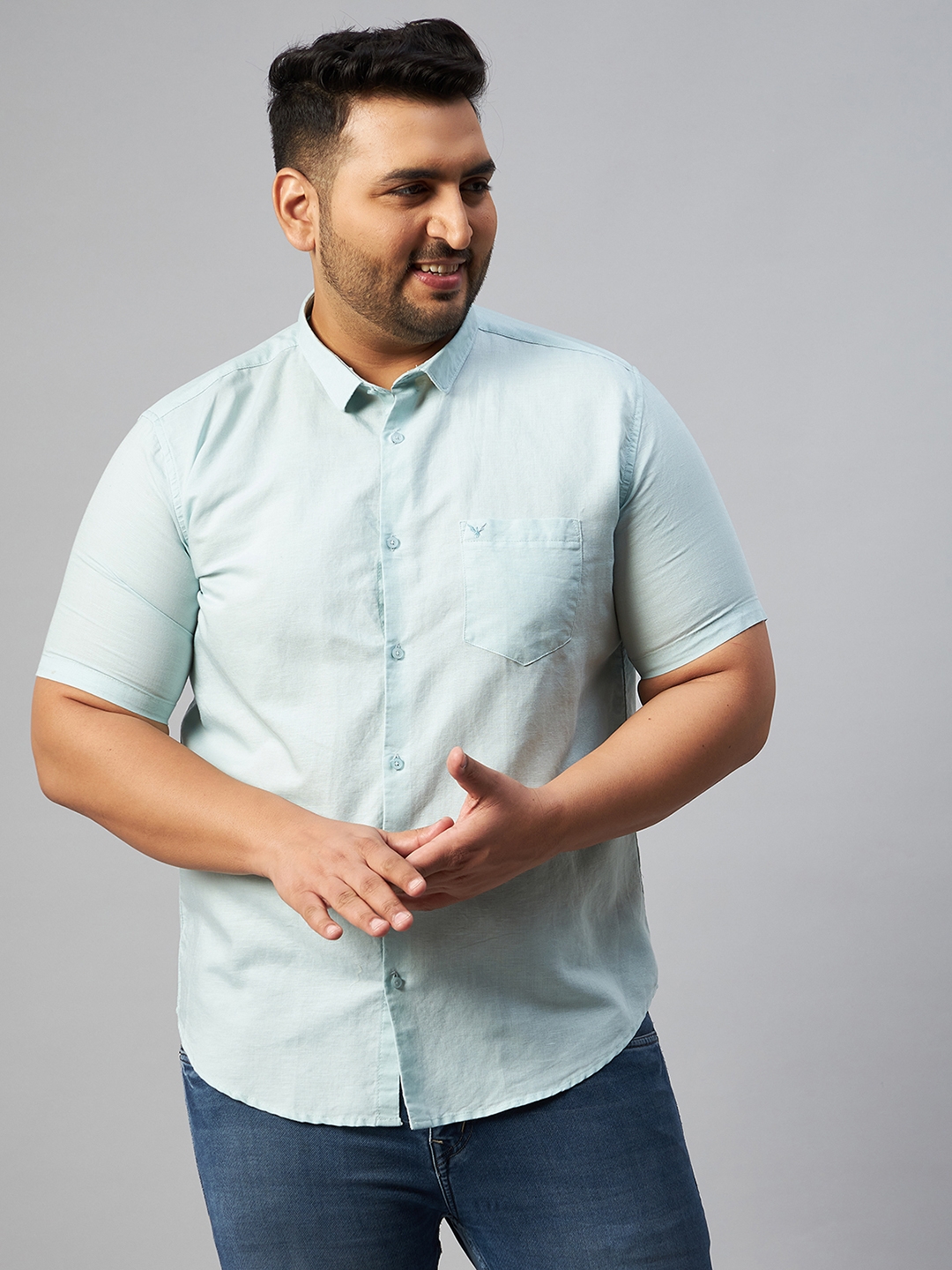 SHOWOFF Plus Men's Comfort Fit Linen Sea Green Solid Shirt