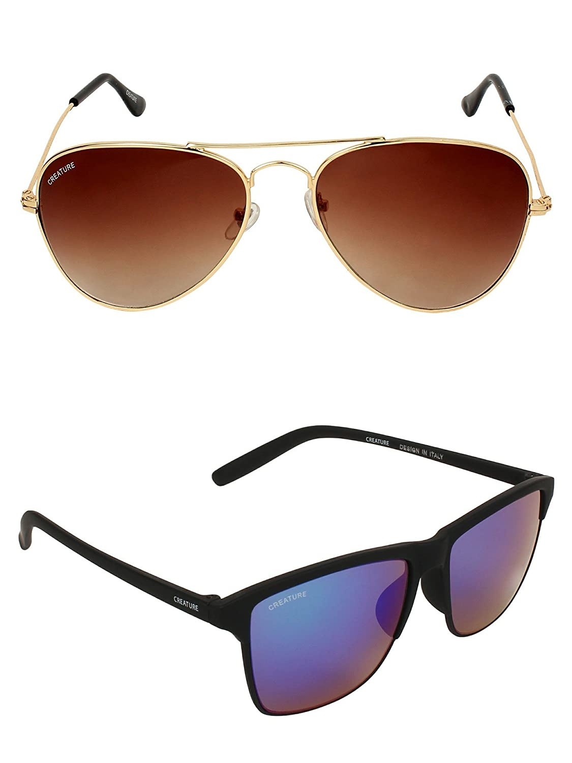 CREATURE | CREATURE Brown Aviator & Multicolour Sunglasses Combo with UV Protection (Lens-Brown & Multiclour|Frame-Golden & Black)