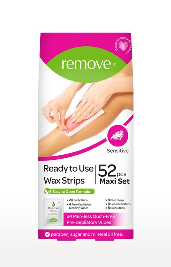 REMOVE | Remove Wax Strips 52 Pcs Maxi Set - Sensitive (20 Body + 8 Bikini + 8 Face + 8 Underarm Strips & 4 Pain-Less + 4 Post Depilation Cleaning Wipes)