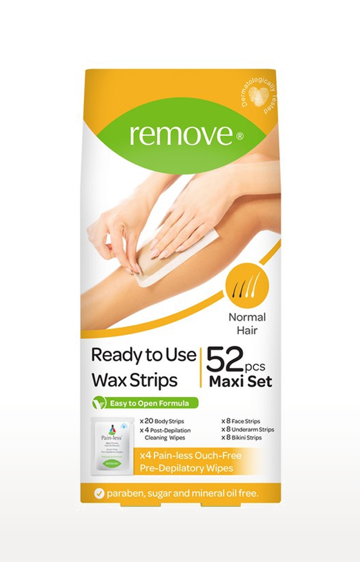 REMOVE | Remove Wax Strips 52 Pcs Maxi Set - Normal Hair (20 Body + 8 Bikini + 8 Face + 8 Underarm Strips & 4 Pain-Less + 4 Post Depilation Cleaning Wipes)