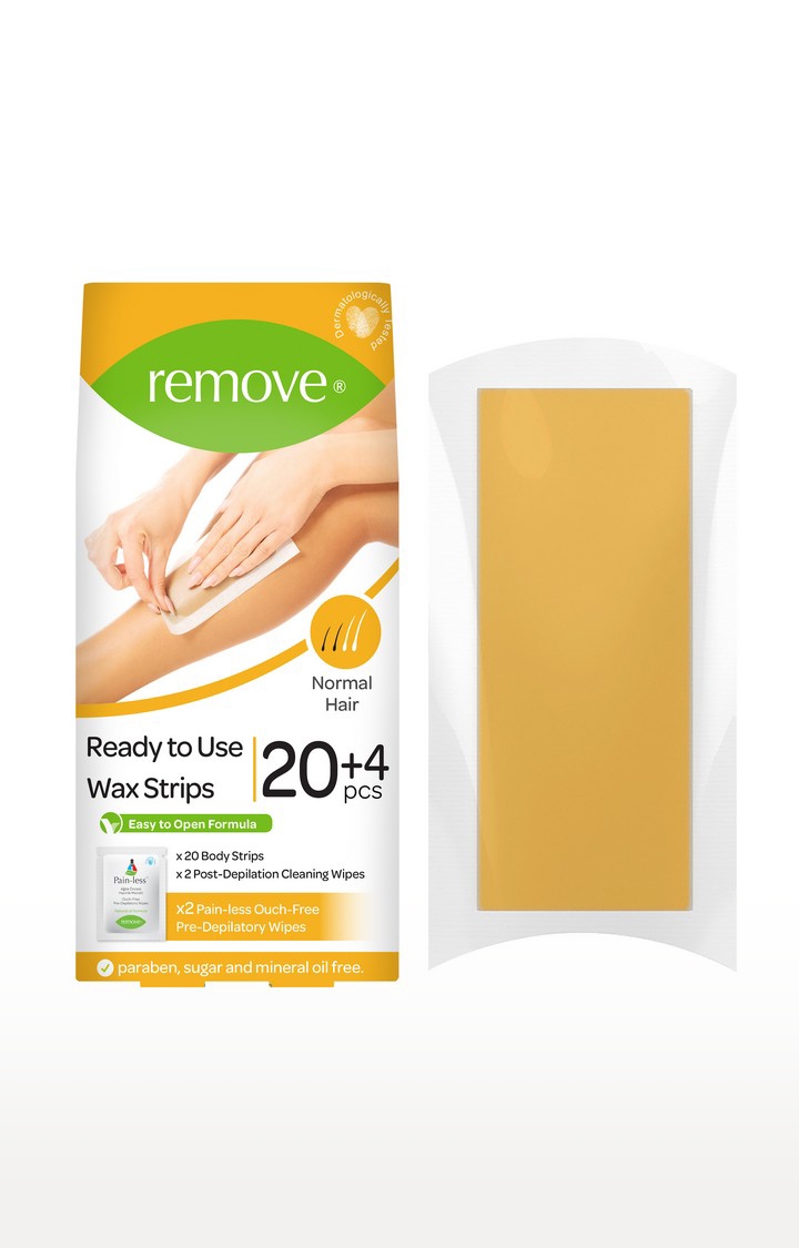 REMOVE | Remove Wax Strips 24 Pcs Body Strips - Normal Hair (20 Body Strips & 2 Pain-Less + 4 Post Depilation Cleaning Wipes)