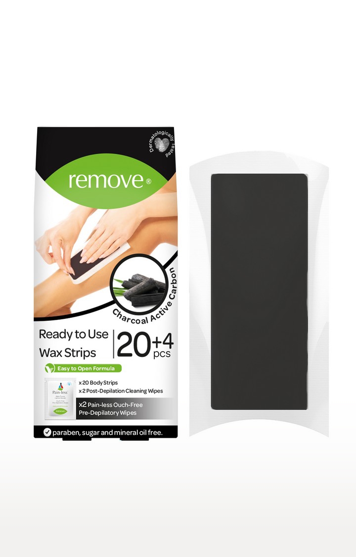 REMOVE | Remove Wax Strips 24 Pcs Body Strips - Active Carbon Charcoal (20 Body Strips & 2 Pain-Less + 4 Post Depilation Cleaning Wipes)